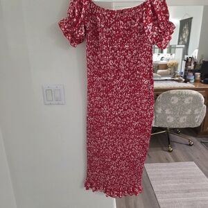 SHEIN Red Floral Smocked Midi Dress